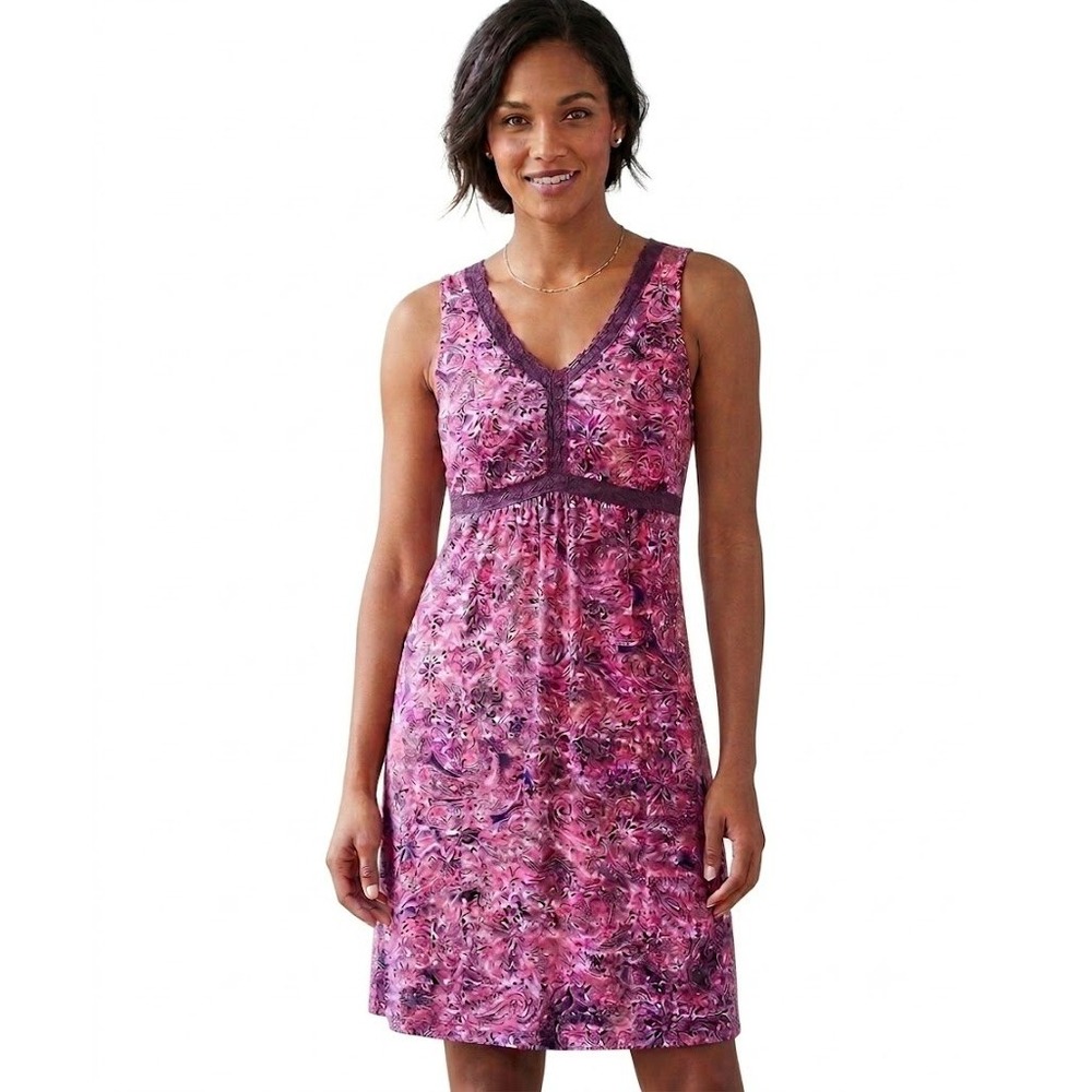Athleta Womens Pink Purple Paisley Lace Trim Empire Waist Knit Dress 408954 S